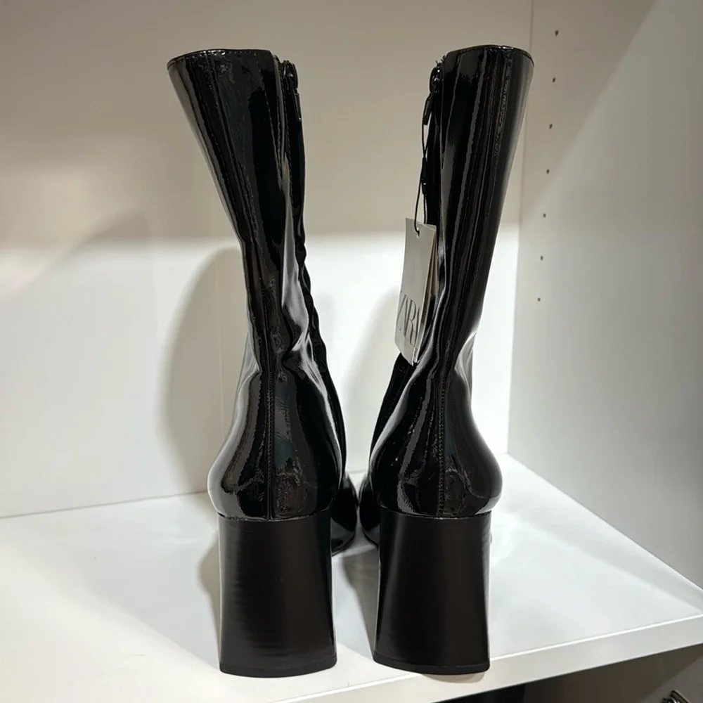 Zara Glossy Black Ankle Boots